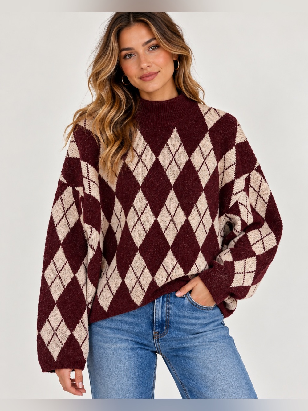 b.young Argyle Crewneck Sweater in Burgundy & Cream Size